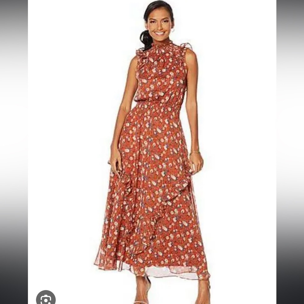 G by Giuliana Rust Multi Floral Ruffle Maxi Romantic Prairie Dress Size 6